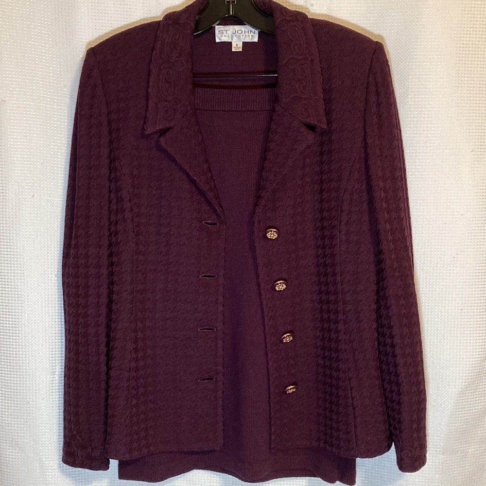 St. John Burgundy Skirt Suit - Embroidered Embellishments and Beautiful Buttons